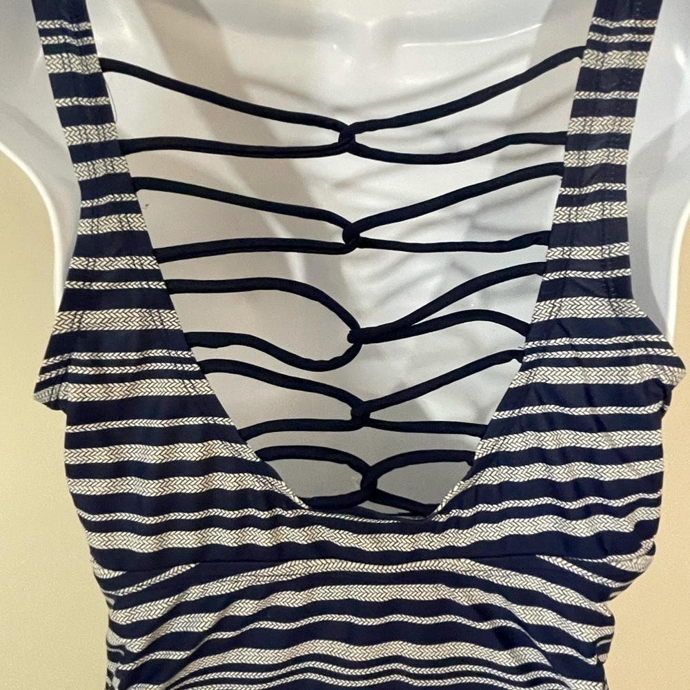 Merona sz lg navy stripe swimsuit stretchy cord - Picture 3 of 8